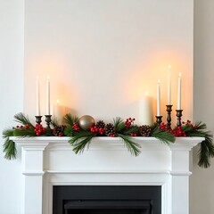 Christmas fireplace mantel garland with candles and berries