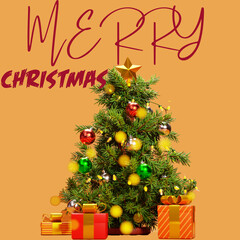 Decorated Christmas Tree with Gifts and Festive Lights on Orange Background