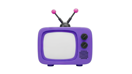 Retro Style Purple Television With Antenna and Blank Screen on a Transparent Background