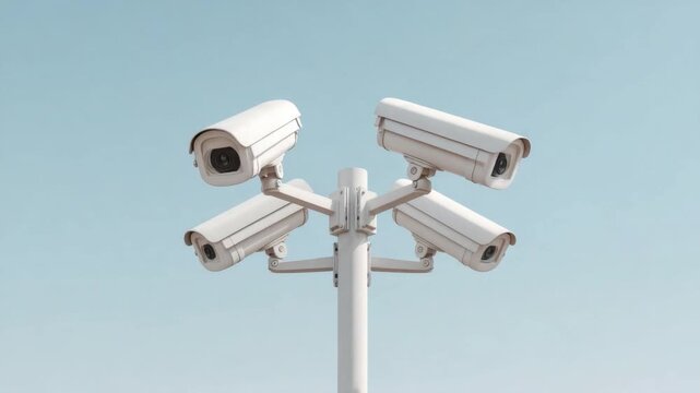 Modern Security Cameras Mounted on Post Against Clear Sky Background for Surveillance or Monitoring Purposes 4k video footage