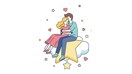 Love's Celestial Embrace: A romantic couple snuggles together on a whimsical cloud and star, surrounded by floating hearts and stars, signifying their love and affection. 