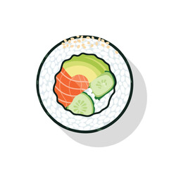 A top-down view of a sushi roll with fish, avocado, cucumber, and sesame seeds