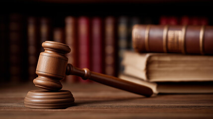 Judge gavel in court with library of books in background, legal reference collection, judicial authority tool, law enforcement symbol, courtroom with legal literature, with copy sp