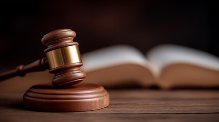 Obraz premium Closeup of judicial gavel on wooden base in courtroom with legal book in background, judge's authority tool, law reference material, court proceedings instrument, with copy space