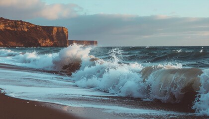 Powerful ocean waves crash onto a dark sandy beach near cliffs