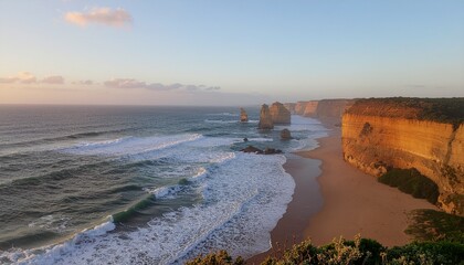 Twelve apostles rock formation coastline at golden hour sunset ocean waves