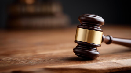 Obraz premium Judge's gavel resting on polished courtroom table, judicial authority tool, legal proceedings instrument, court session symbol, law enforcement representation, shiny wooden surface