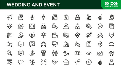 Wedding and Event Professional Line Icon Set with Modern Minimalist Vector Design for Elegant Celebrations and Special Occasions
