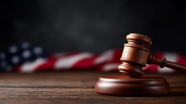 Gavel and American flag justice system, government and constitution background, patriotic legal representation, judicial authority symbolism, national law enforcement imagery, with - Powered by Adobe