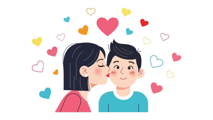 Affectionate Embrace: Capturing a tender moment of affection, a woman plants a kiss on the cheek of a smiling man, surrounded by a constellation of hearts, symbolizing love and warmth.
