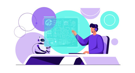 Futuristic Collaboration: Human Support Agent Interacting with Advanced AI Robot Assistant