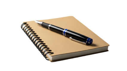 Elegant fountain pen resting on a blank spiral notebook against a dark background