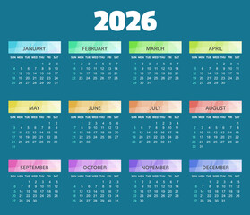 Rainbow calendar Year 2026. vector calendar. The week starts on Sunday.