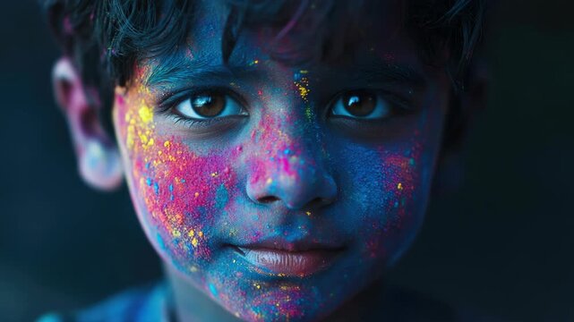 A joyful scene from the Holi festival, showcasing a child with colorful powder on their face, symbolizing happiness and vibrancy.