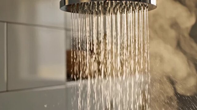 A refreshing close-up shot of water pouring from a modern rain-shower head. Crystal-clear droplets fall in slow motion with a soft morning glow, creating a relaxing and clean atmosphere.