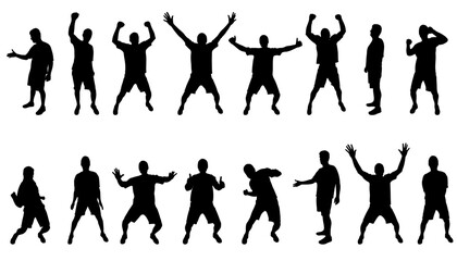 Collection of men silhouettes cheering, jumping, and showing thumbs up gestures. Vector illustration