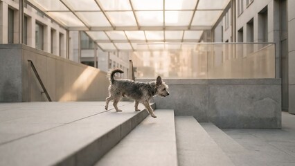 Dog Walking on Steps in Modern Architecture, Urban Environment, Lifestyle Photography