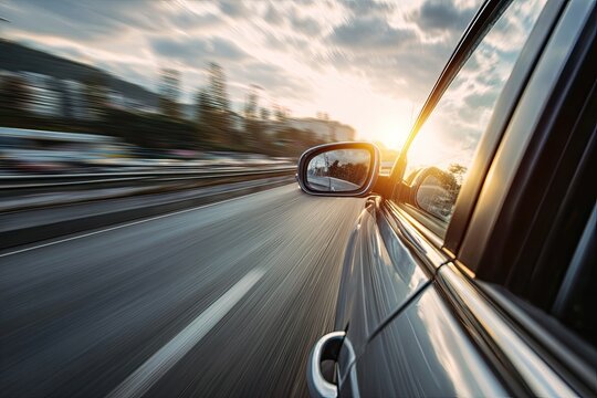 A side view captures a car in motion, blurred background, reflecting sunlight