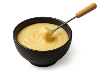 Cheese fondue in a bowl with transparent background, ready to serve.