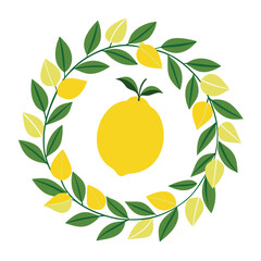 Circular frame with fresh lemons and  green leaves on white 