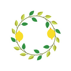 Circular frame with fresh lemons and  green leaves on white background.