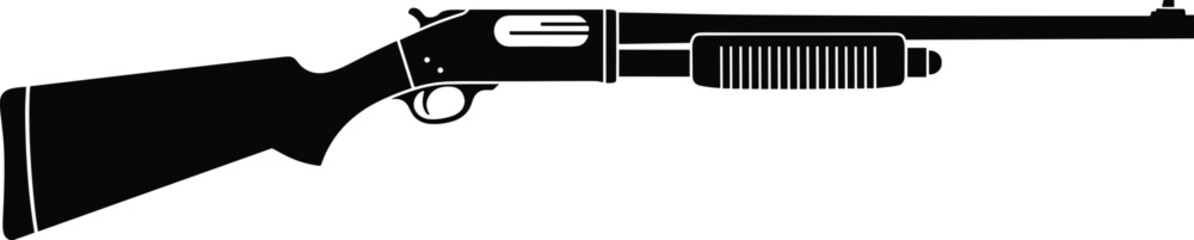 Silhouette, pump-action, shotgun, firearm, weapon, hunting, tactical, military, black, vector, illustration, gun, cad, drawing, flat, design, rifle, barrel, stock, trigger, guard, magazine