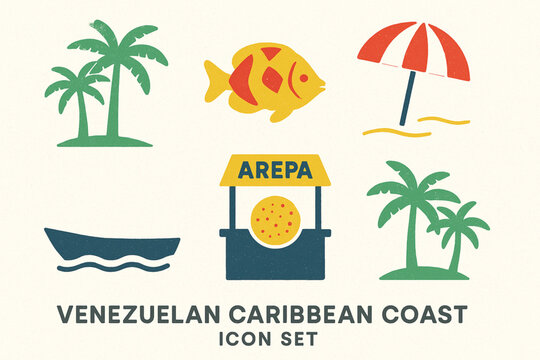 Venezuelan Caribbean coast icons in flat vector grid with rugged torn texture on white background