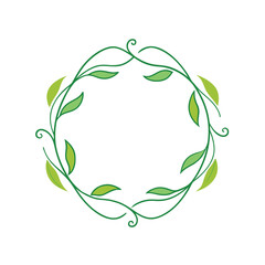 Circular garland frame with simple leaves, wreath of leaves on white background.