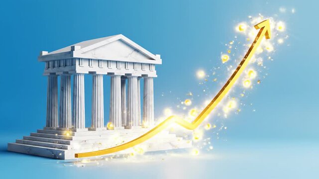 Animated geometric illustration emphasizing the foundational stability of a classical institution as a continuous exponential growth graph emerges from its base moderndesign, reliability, assets