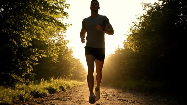 Man running on a dirt path through a forest at sunset or sunrise.