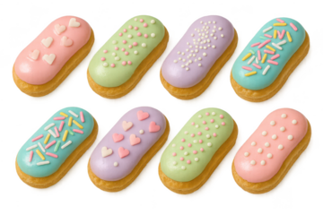 Colorful Eclairs with Frosting on transparent background Dessert Display