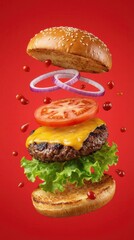 Delicious Beef Burger Ingredients Flying In The Air Isolated