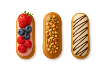 Delicious Assorted Éclairs on transparent background, ready to be eaten!