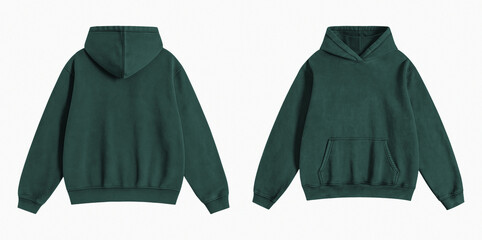 Blank Washed Bottle Green Hoodie Front and Back View Isolated on White Background for Mockup