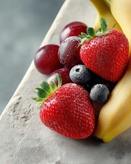 A close up shot of fresh fruits including strawberries grapes blueberries and bananas on a surface