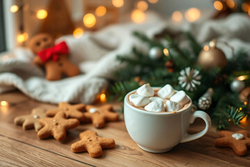 Cozy Christmas Scene with Hot Cocoa, Gingerbread Cookies, and Festive Decorations