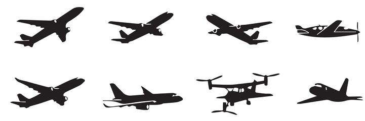 Diverse Aircraft and Airplane Silhouette Vector Icon Set for Travel and Aviation Design