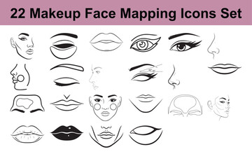 Set of 22 black outline icons depicting various makeup face mapping elements for beauty tutorials and application guides