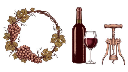 Refined vineyard vector elements with etched grapevine frame, wine bottle, and glass for winery branding