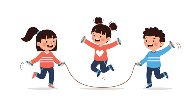 Three happy children, two girls and a boy, having fun playing and jumping rope together outdoors, showcasing friendship and activity.