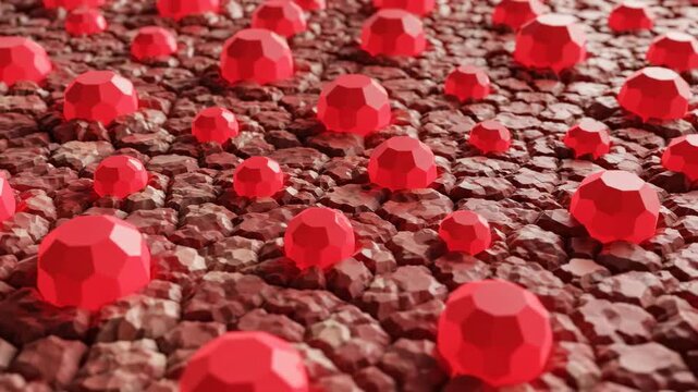 Animated geometric representation of red circular patches forming and pulsating on a textured surface characteristic of discoid skin inflammation motion graphics, background, red circular patches