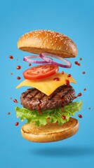 Delicious Beef Burger Ingredients Flying In The Air Isolated
