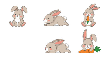 Obraz premium Set of five adorable cartoon rabbit characters in different poses, including sitting, running, sleeping, and eating a fresh carrot.