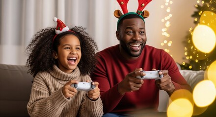 Happy African American Father and Daughter Playing Video Games during Christmas Holidays.