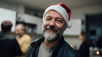 Smiling man with Santa hat bearded man mature male gray beard holiday party casual jacket indoor gathering cozy kitchen festive mood