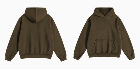 Washed Dark Brown Hoodie Front and Back View Isolated on White Background © Drip