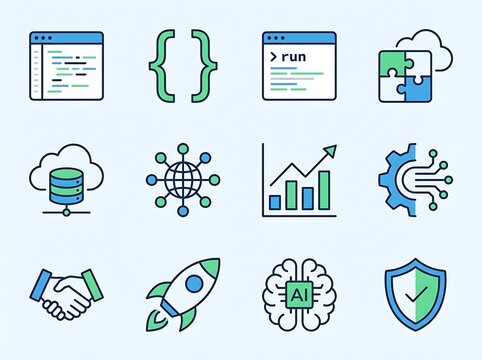Digital Innovation Icons: An array of modern digital icons, symbolizing diverse aspects of technology, including cloud computing, data analysis, coding and other innovative concept.