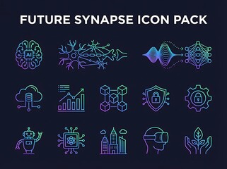 Futuristic icons of digital and technological: A collection of stylized icons related to brain and artificial intelligence, representing various digital and technological concepts.