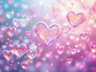 Bubble soap bubbles in a heart shape scattered in a soft-focus background.