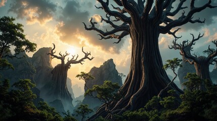 Sunlight filters through a mystical forest of ancient trees and towering mountains during dusk; giant gnarled trunks stretch skyward. Use: nature.